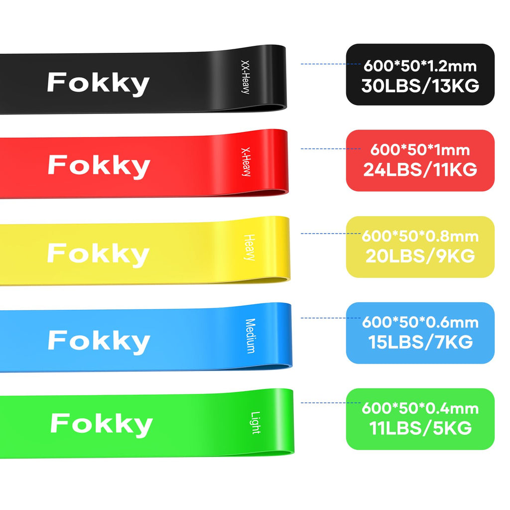 Fokky Elastici Fitness (Set di 5), Elastico Fitness con 5 Livelli di Resistenza, Elastici Palestra con Borse Portaoggetti, Bande Elastiche Fitness per Crossfit, Yoga, Pilates, Squats, Stretching