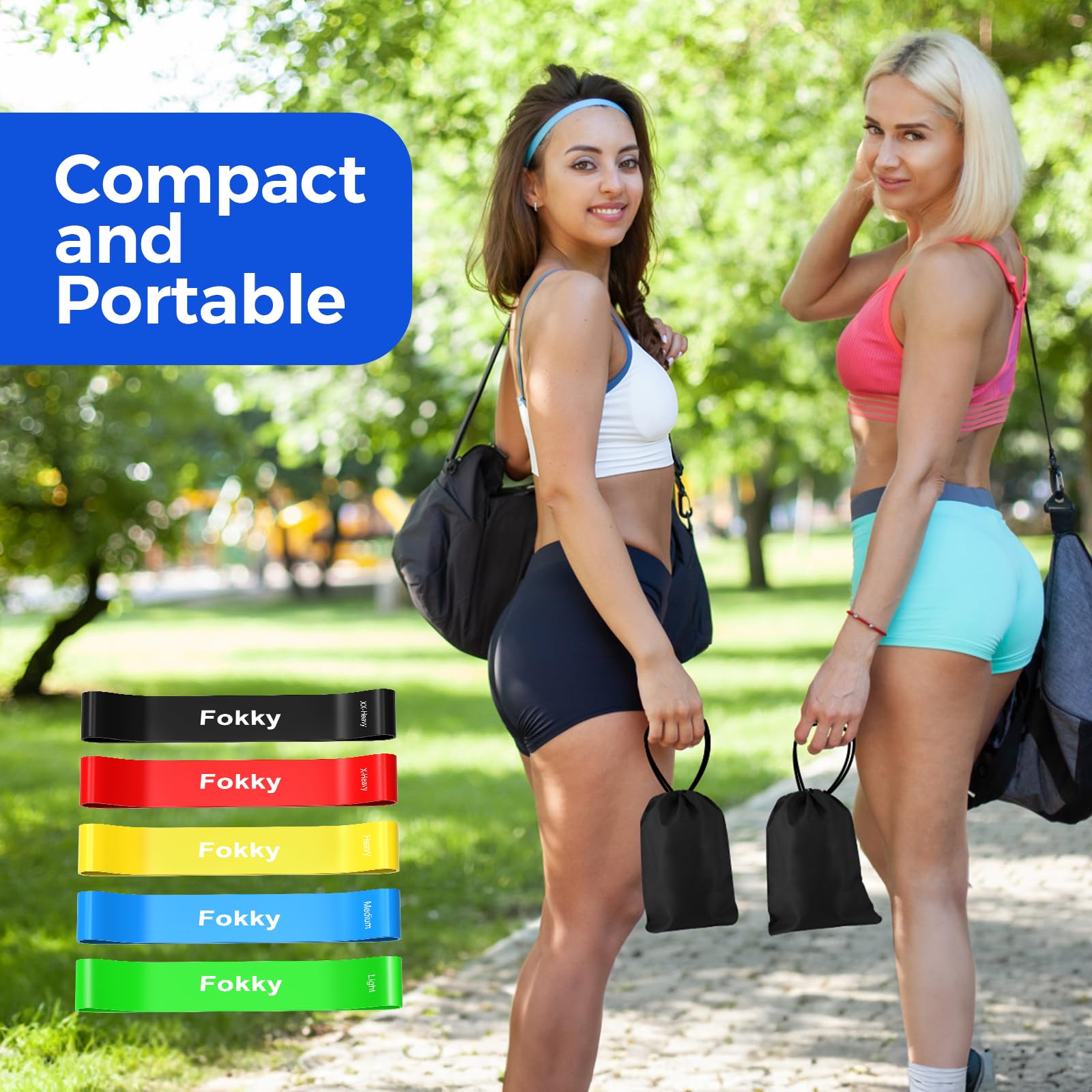 Fokky Elastici Fitness (Set di 5), Elastico Fitness con 5 Livelli di Resistenza, Elastici Palestra con Borse Portaoggetti, Bande Elastiche Fitness per Crossfit, Yoga, Pilates, Squats, Stretching