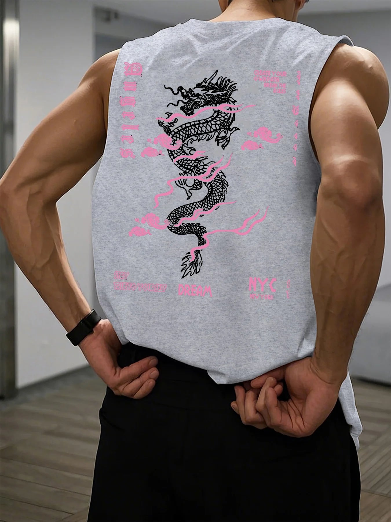 Men's Summer Leisure Sports Fitness Wide Dragon and Letter Pattern Printed Comfortable Breathable Round Neck Sleeveless Tank Top