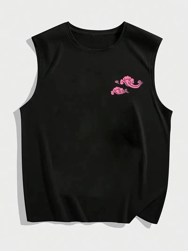 Men's Summer Leisure Sports Fitness Wide Dragon and Letter Pattern Printed Comfortable Breathable Round Neck Sleeveless Tank Top