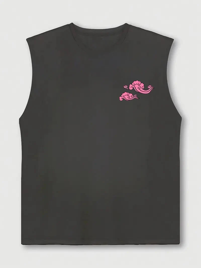 Men's Summer Leisure Sports Fitness Wide Dragon and Letter Pattern Printed Comfortable Breathable Round Neck Sleeveless Tank Top