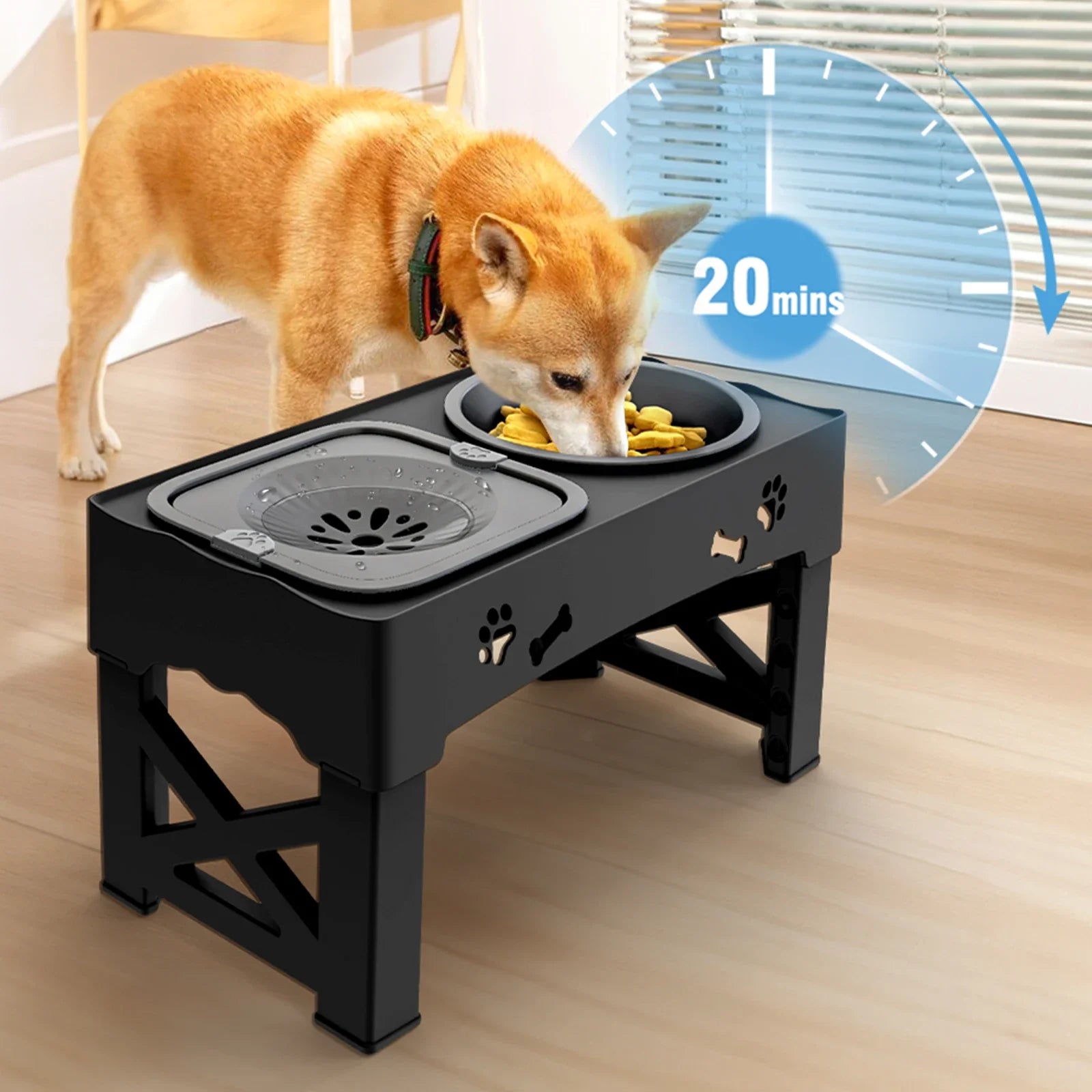 5 Adjustable Height for Different Needs 3 in 1 Pet Feeder Two Bowls One Lift Anti-upset High Neck Guard Slow Food Basin Pet Bowl
