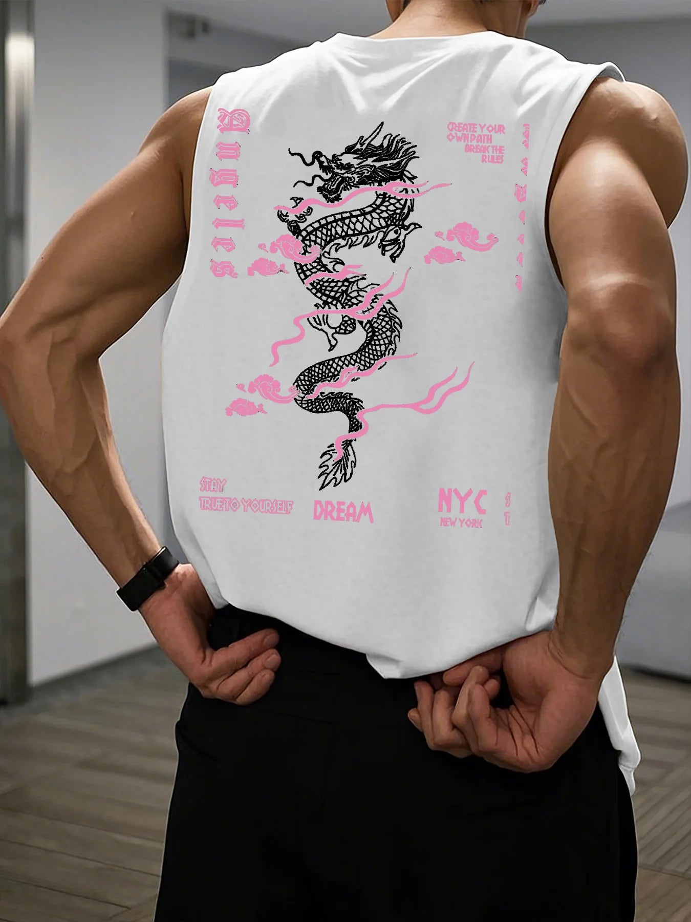 Men's Summer Leisure Sports Fitness Wide Dragon and Letter Pattern Printed Comfortable Breathable Round Neck Sleeveless Tank Top