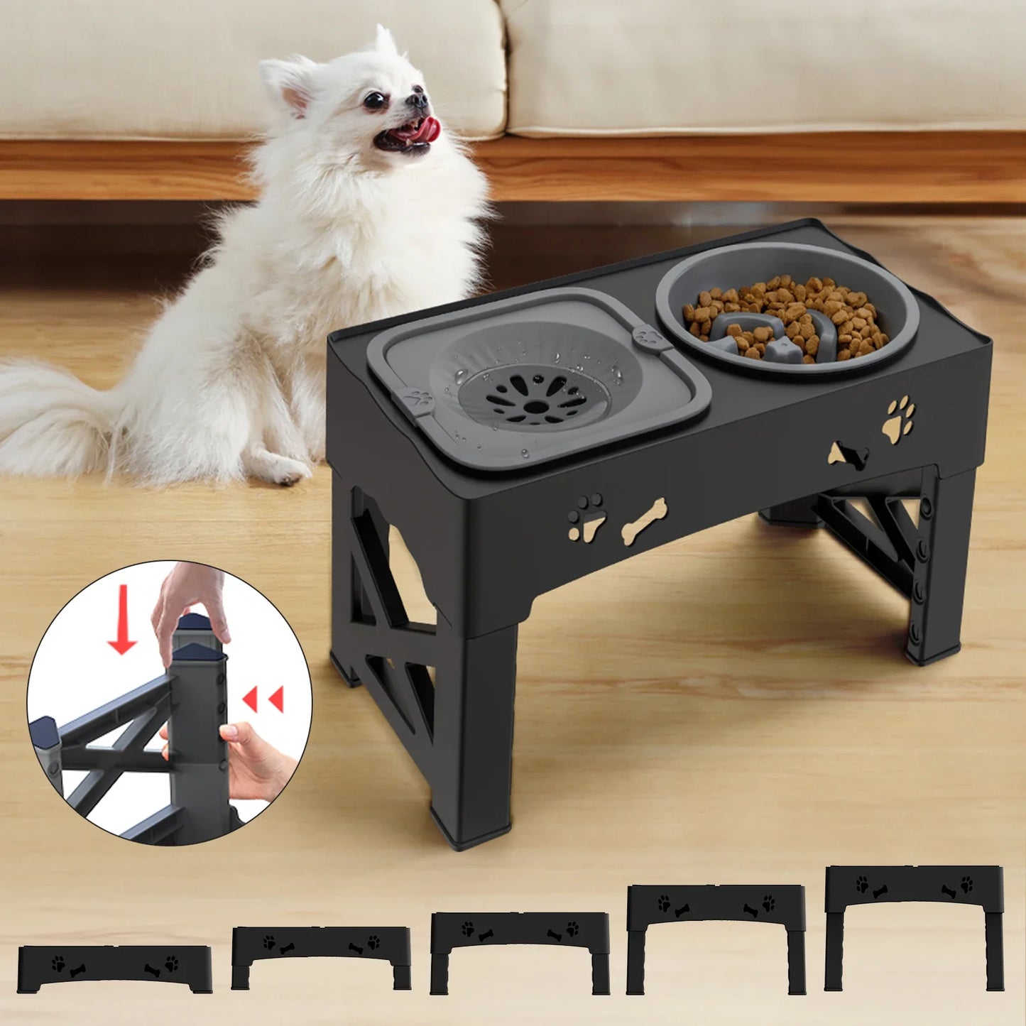 5 Adjustable Height for Different Needs 3 in 1 Pet Feeder Two Bowls One Lift Anti-upset High Neck Guard Slow Food Basin Pet Bowl