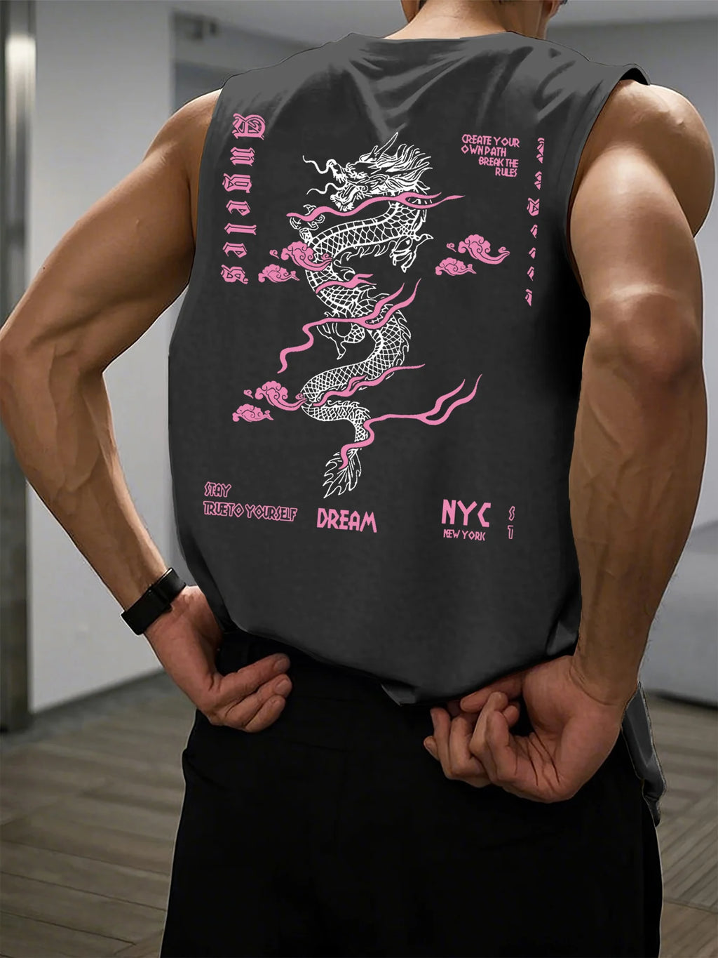 Men's Summer Leisure Sports Fitness Wide Dragon and Letter Pattern Printed Comfortable Breathable Round Neck Sleeveless Tank Top