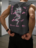 Men's Summer Leisure Sports Fitness Wide Dragon and Letter Pattern Printed Comfortable Breathable Round Neck Sleeveless Tank Top