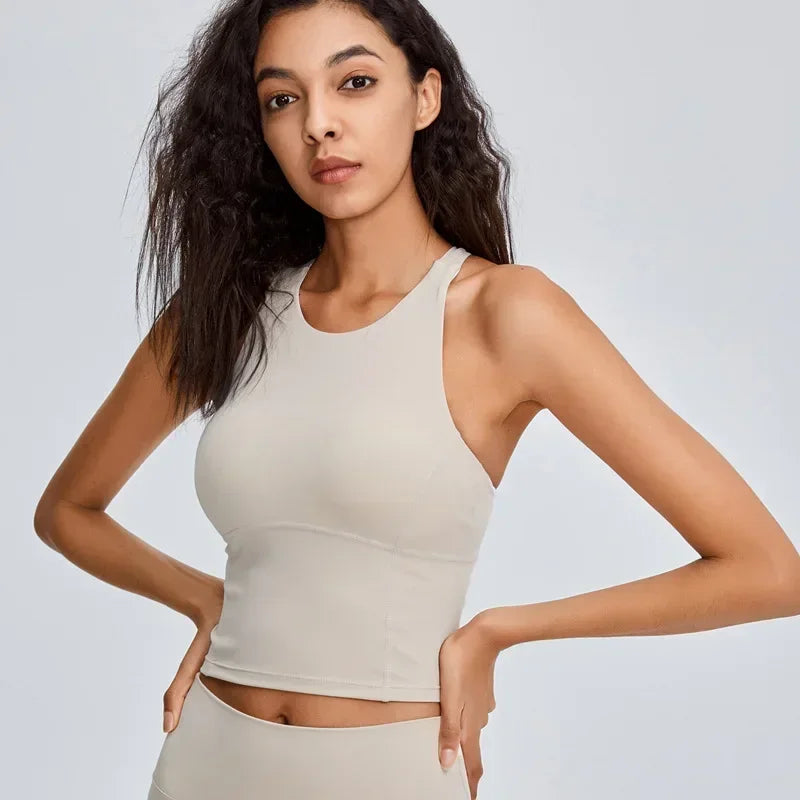 Women Shock Proof Running Fitness Crop Top Seamless Top Padded Workout Yoga Tanks Comfy Cross Back Wide Strap