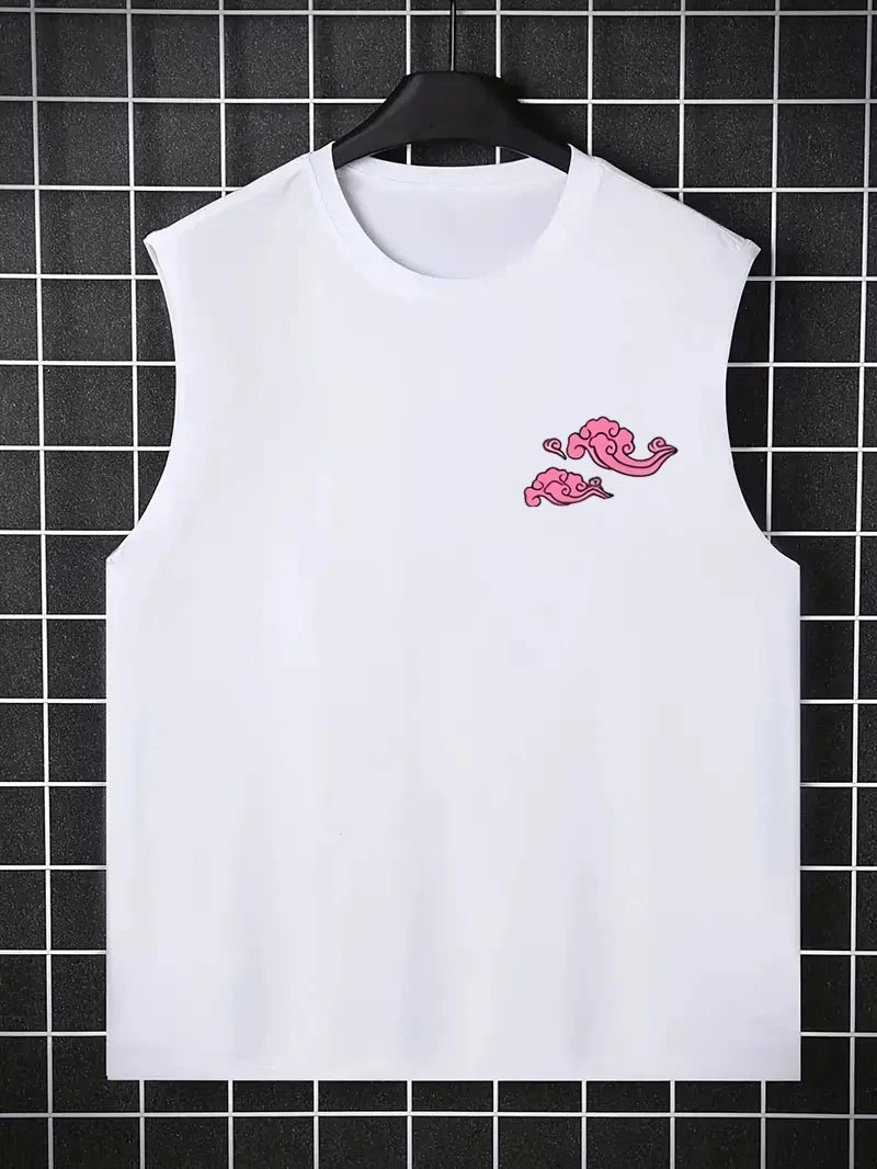 Men's Summer Leisure Sports Fitness Wide Dragon and Letter Pattern Printed Comfortable Breathable Round Neck Sleeveless Tank Top